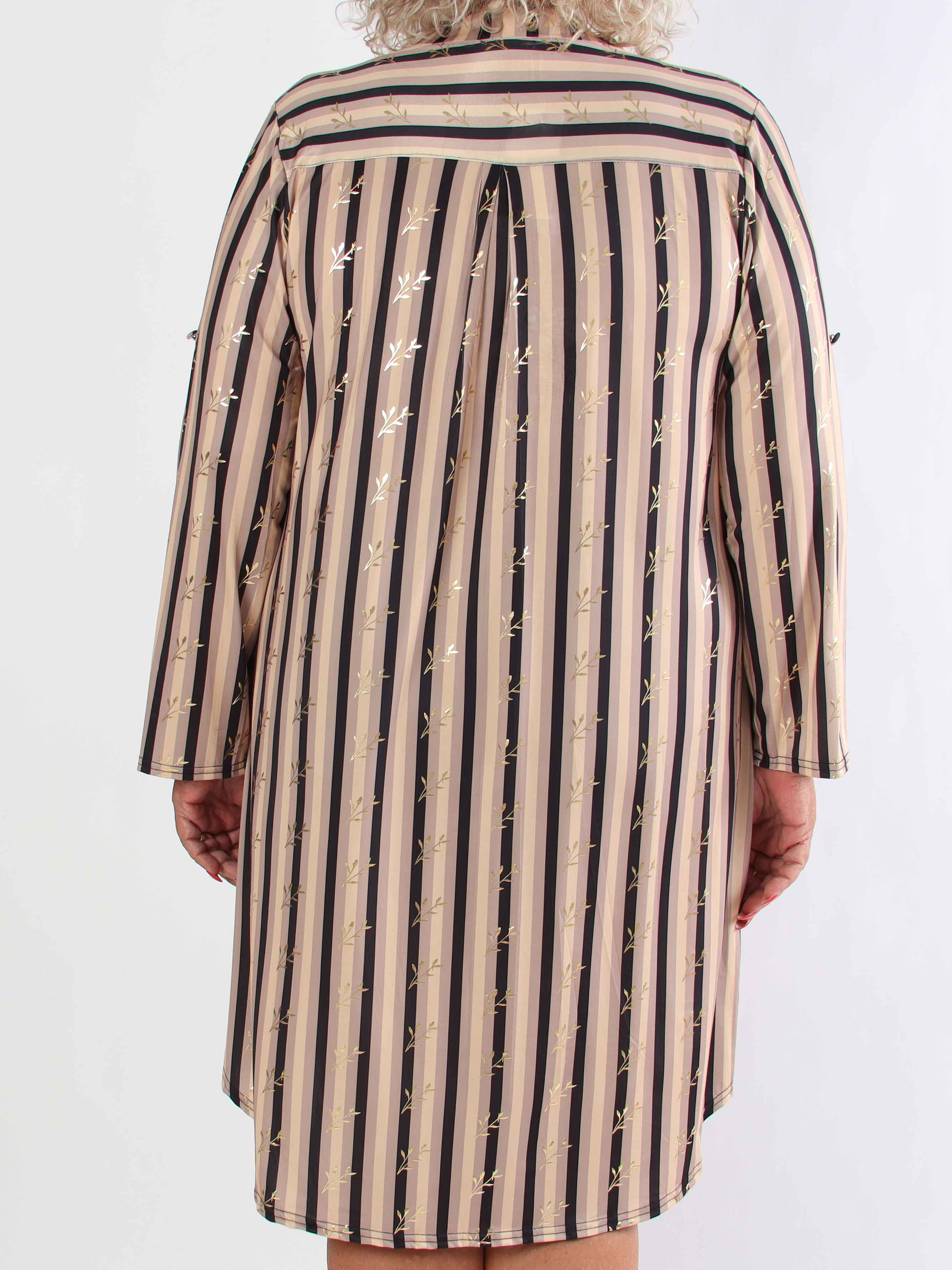 Ebba Stripe Long - Elastisk plus size stribet kjole med guld blade
